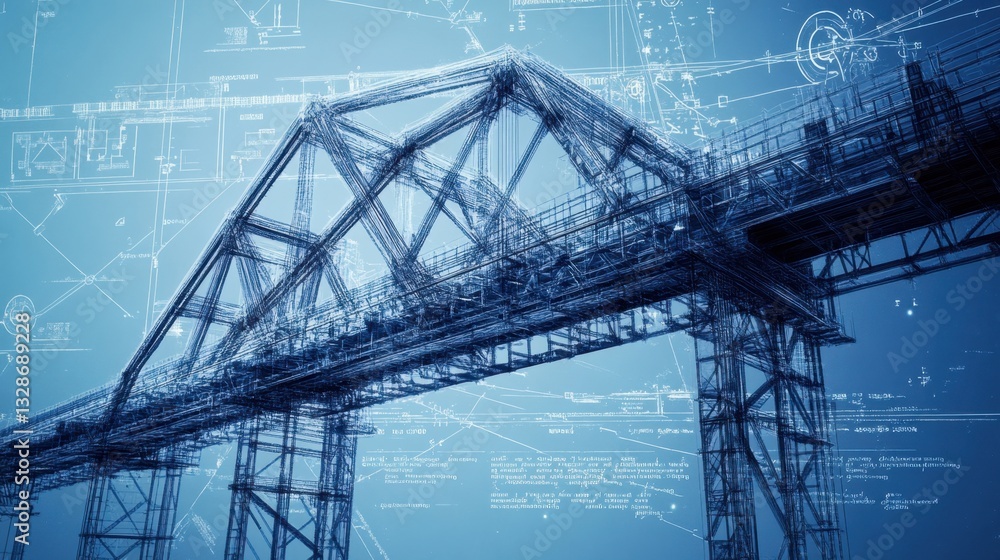Poster a blueprint of a bridge structure, showcasing load-bearing calculations and structural engineering d