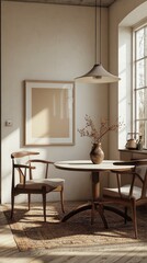 Fototapeta premium Sunlit minimalist dining area with wooden chairs, round table, beige rug, and dried flowers in a vase. Warm neutral tones and textured walls create a calm atmosphere.
