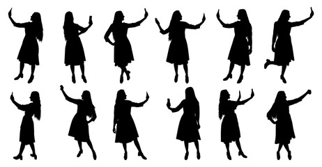 Women taking selfie and talking on mobile phone in different poses, set. Vector illustration