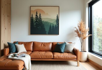 Northern California Coastal Style: Redwood Forest Inspired Minimalist Decor with Natural Elements and Serene Wall Art Capturing Ocean & Forest Views.

