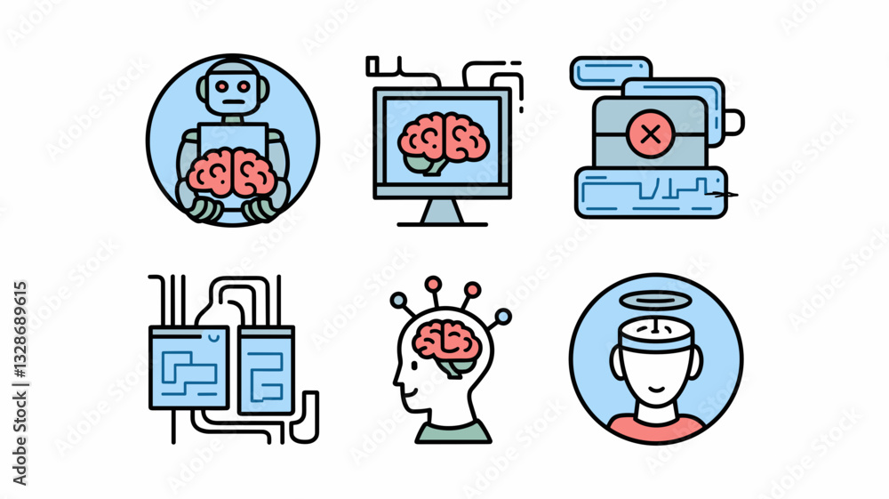 Poster vector icon set featuring ai, brain technology, robotics, and digital innovation for modern design p