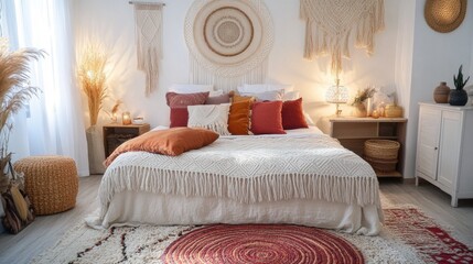 A boho-chic bedroom with macrame wall hangings, colorful pillows, and woven rugs
