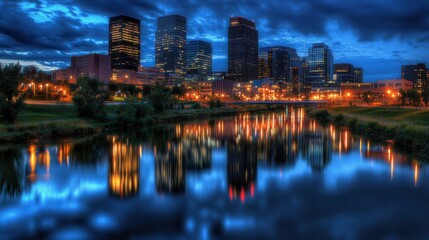 Naklejka premium A breathtaking night cityscape with illuminated skyscrapers reflecting off the calm river below