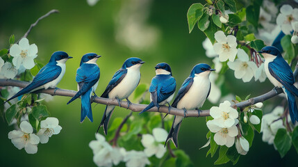 Obraz premium group of swallow birds on a flowers branch