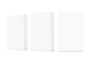 Realistic white closed paperboard box mockup. Front and half side view. Vector illustration isolated on white background. Taking your 2D designs into 3D. Can be use for pharmacy, cosmetic, food.EPS10.
