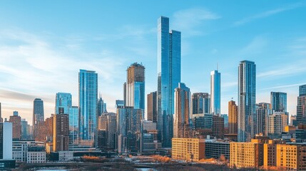 Fototapeta premium A cityscape featuring corporate office towers under a clear blue sky