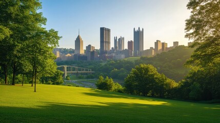 Obraz premium A city skyline with rolling green hills in the background, blending nature with urban development
