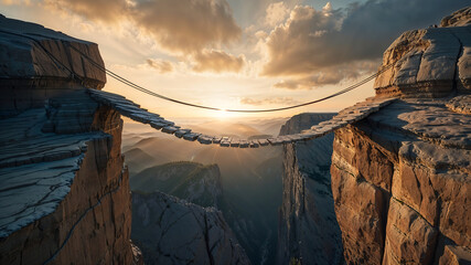 Surreal Image of Rocky Cliffs and Taut Rope Bridge