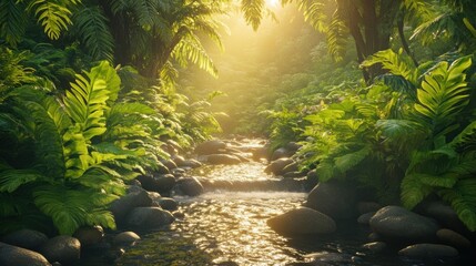 Sunlight filters through lush green foliage alongside a flowing stream