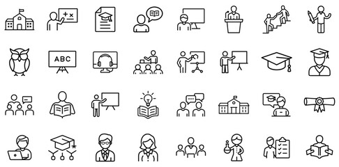 Education and Learning Outline Icon Set – School, Online Learning, Teaching, Graduation, Classroom, Students, Teachers, E-Learning, University, Academic, Knowledge, Study, Books, Diploma, Lecture, Tra
