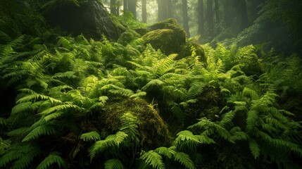 Lush green ferns grow abundantly in a vibrant forest setting
