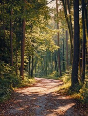 Obraz premium Sunlit Forest Path for Autumn Woods.
