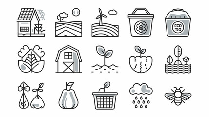 Vector Icon Set of Farming and Gardening Symbols for Agriculture, Eco-Friendly Practices, Sustainable Living, and Natural Produce Aesthetic Design