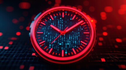 Astonishing visualization of a clock surrounded by glowing digital elements and data bits