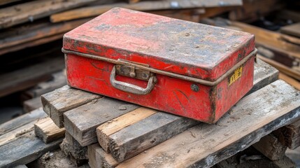 Obraz premium A construction workers toolbox resting on a pile of lumber at a home build site