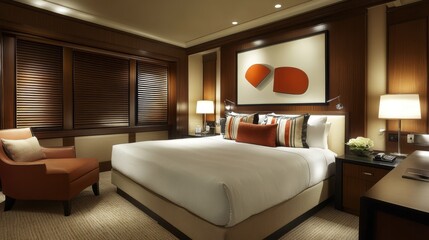 A contemporary bedroom with sleek furniture, abstract wall art, and warm lighting