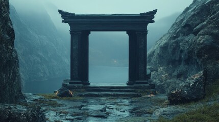 Fototapeta premium Mysterious ancient portal in a foggy landscape nature photography enigmatic environment serene viewpoint