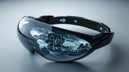 Futuristic augmented reality headset displaying global data visualization.