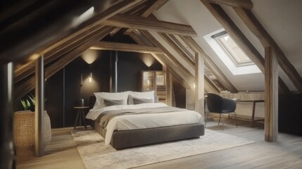 A cozy attic bedroom with wooden beams, skylight windows, and warm lighting