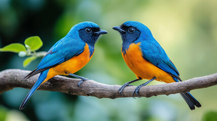 Fototapeta premium Rufous-bellied niltava, two birds sitting on a branch with a blur backgroung 