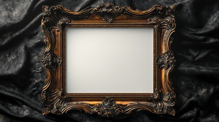 Elegant vintage picture frame display studio setting decorative art dark textile background classic style