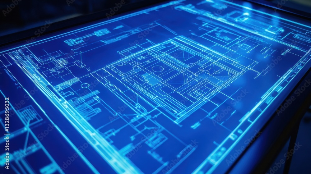 Poster a digital representation of an engineering blueprint on a high-tech touch screen, glowing in neon bl