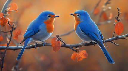 Obraz premium Rufous-bellied niltava, two birds sitting on a branch with a blur backgroung 