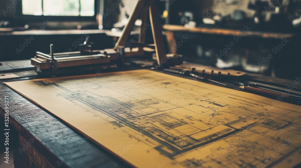 Poster a drafting table with large blueprints and various measuring tools, displaying professional design w