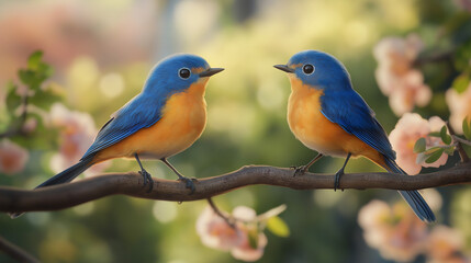 Fototapeta premium two birds sitting on a branch with blur background, Rufous-bellied niltava 