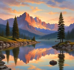 Illustration of lake landscape with mountain and water reflection.