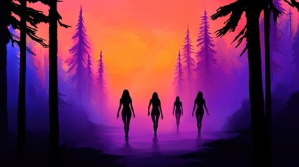 A vibrant silhouette of four figures walking through a mystical forest at sunset, surrounded by colorful hues of purple, orange, and blue.