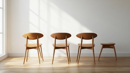 Three light brown wooden chairs and a small stool arranged in a row against a white wall in a sunlit room with hardwood floors.