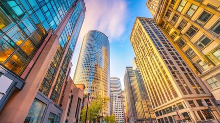Fototapeta premium A financial district with tall, modern office buildings and clean sidewalks