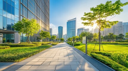 Fototapeta premium A financial district with tall, modern office buildings and clean sidewalks