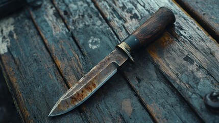 A close up image showing a rusty knife on wood planks