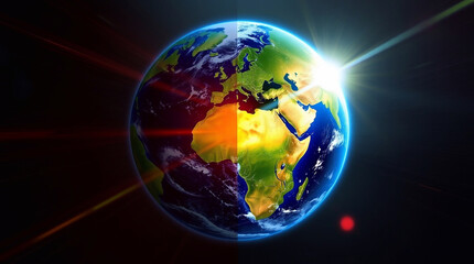 Fototapeta premium A digital illustration of planet Earth with a distinct split lens flare, vibrant colors, light streaks, and bold, divided sections