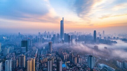 Fototapeta premium A foggy morning in a dense metropolis, with skyscrapers emerging through the mist