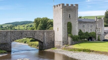 Obraz premium A fortified medieval bridge with high stone walls and a gatehouse over a flowing river