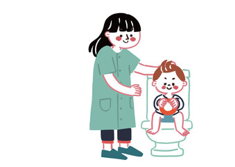 トイレでトイレトレーニングをしている男の子とお母さん