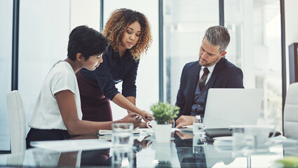 Laptop, review or business people in discussion with investor for feedback, project funding or...