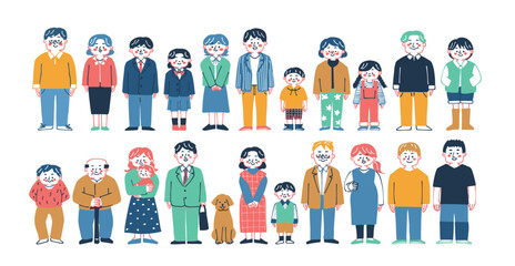 手書きのさまざまな人々の全身のイラスト