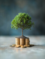 Tree growing from a stack of coins, symbolizing financial growth.