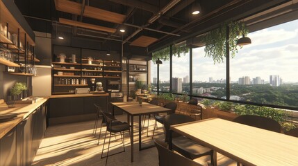 A high-rise apartment dining area with a cityscape view and modern industrial decor