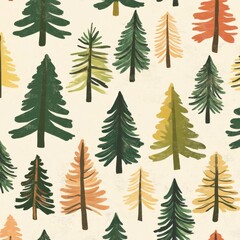 Obraz premium A seamless pattern of stylized evergreen trees in various colors on a textured background