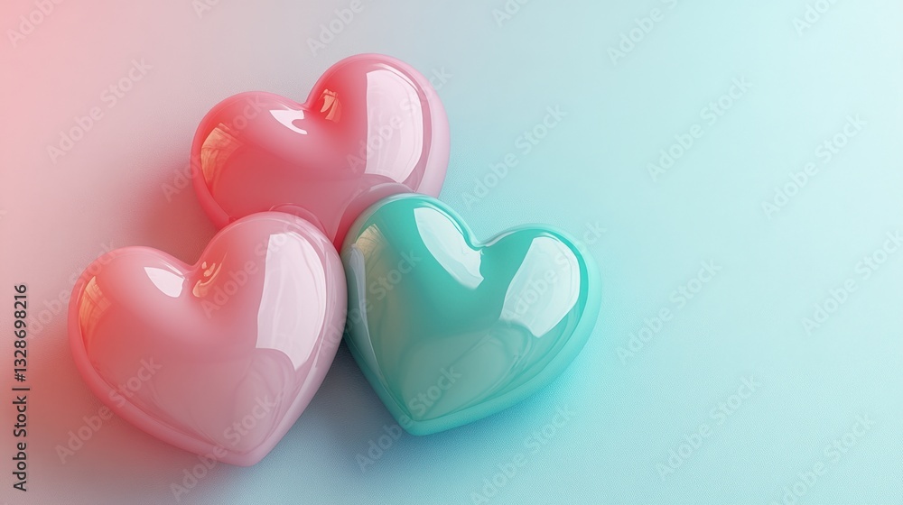 Poster vibrantly colored heart-shaped objects on a soft gradient background for love and affection themes