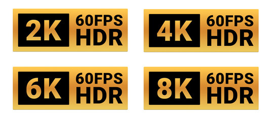 Golden Media Resolution Badges Set: 2K 60 FPS HDR, 4K 60 FPS HDR, 6K 60 FPS HDR, 8K 60 FPS HDR