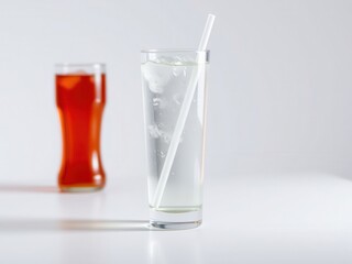 Glass of Water with Ice Cubes and Straw