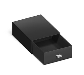 Black open slider drawer box with rope pull mockup. Vector illustration isolated on white background.  Can be use for gift box, luxury, cosmetics, and other goods. EPS10.