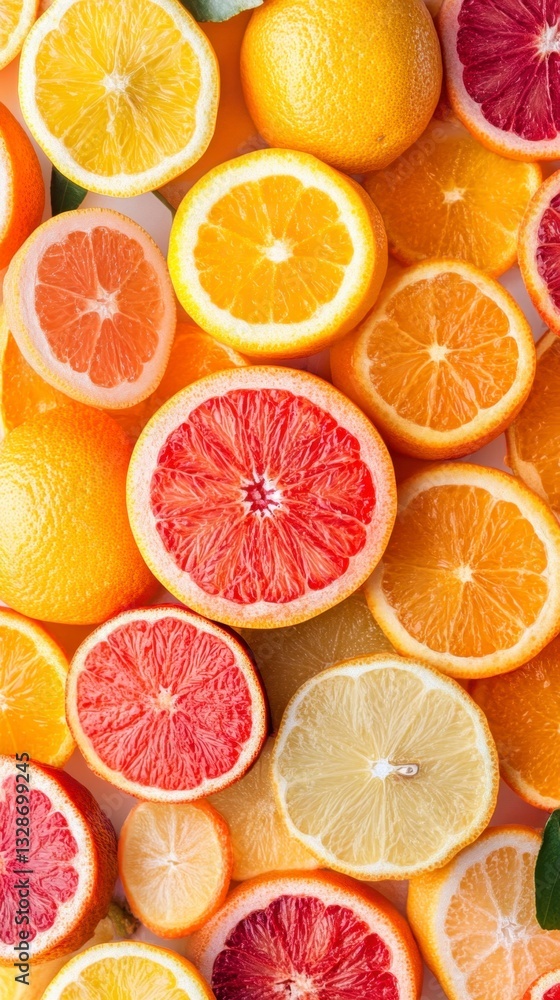 Poster vibrant citrus fruit slices background. a close up overhead shot features various oranges, grapefrui