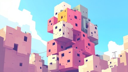 Abstract city buildings in a colorful, stylized urban landscape.